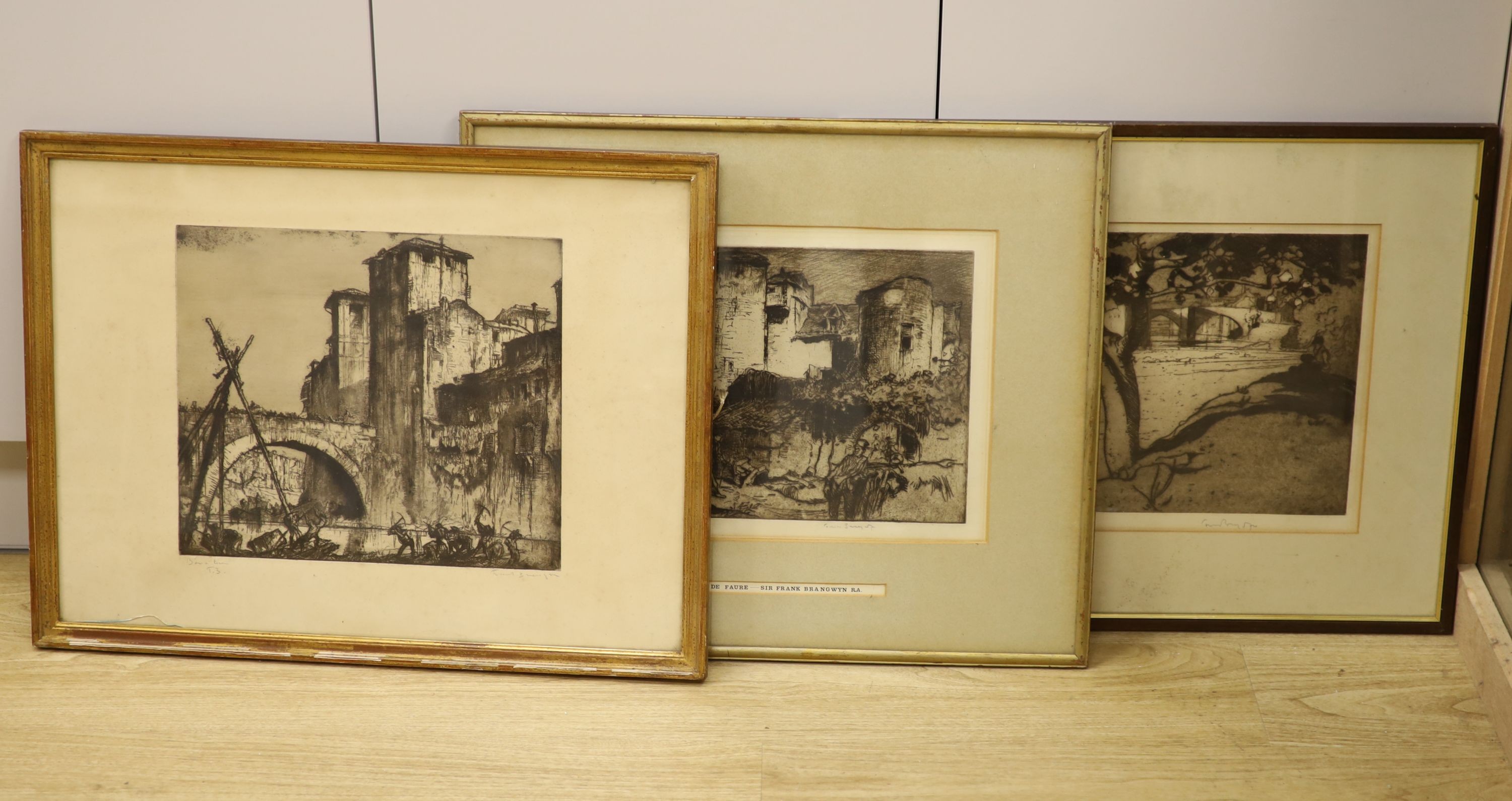 Frank Brangwyn (1867-1956), three etchings, Spanish Bridge, Tour de Faure, and Bridge viewed from beside a tree, all signed in pencil, 30 x 35cm, 25 x 35cm and 27 x 37cm